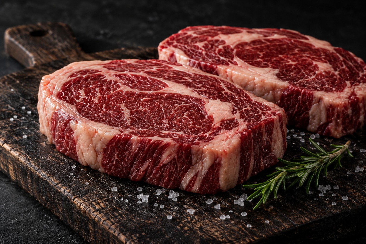 Illustrative close-up of uncooked steaks on a dark cutting board