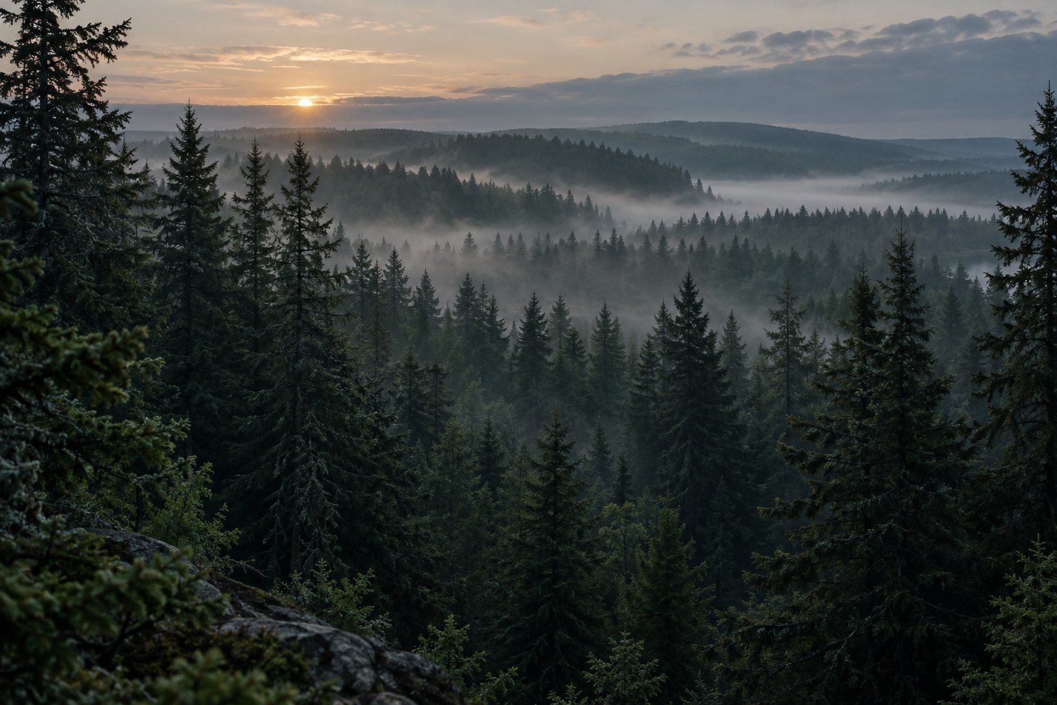 Illustrative northern forest landscape with mist between the trees